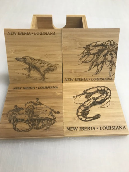 Bamboo Square 4-Coaster Set with Holder